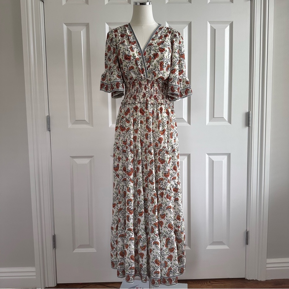 Max Studio White Orange Blue Floral V Neck Ruffled Tiered Maxi Sundress Size S